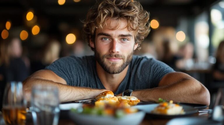 Le jeune homme est assis à une table avec une posture détendue